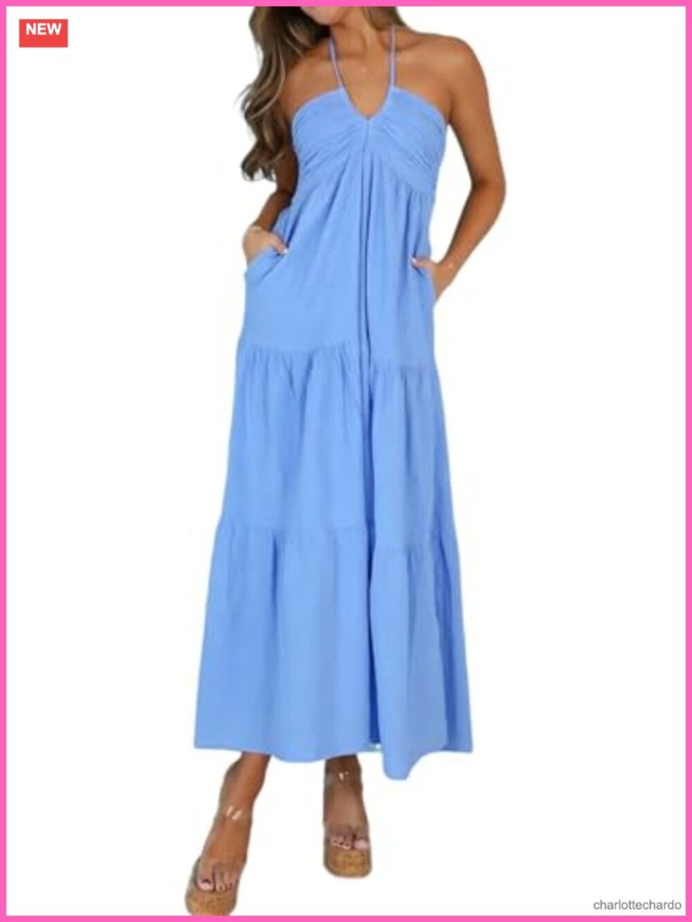 Halter Tiered Vacation Maxi Dress with Pockets A-Line Sleeveless